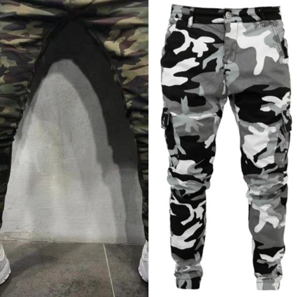 Jeans de lápis de camuflagem de camuflagem masculina 2021 novo estilo magro fit elástico zíper bolso jeans casual hip hop corredores calças x0621