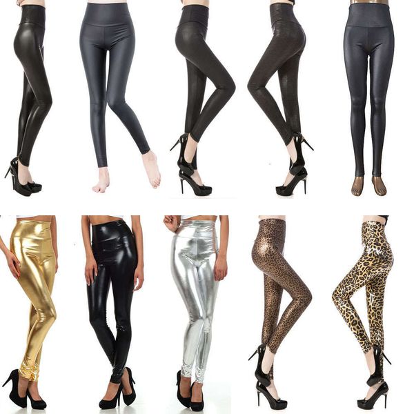 

spring and autumn high waist imitation leather women's style nine point large size leggings, Black
