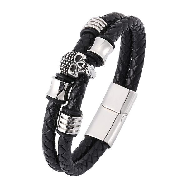 

charm bracelets bracelet men punk braided genuine leather homme femme mens 2021 handmade skull jewelry bangles gift bb0375, Golden;silver