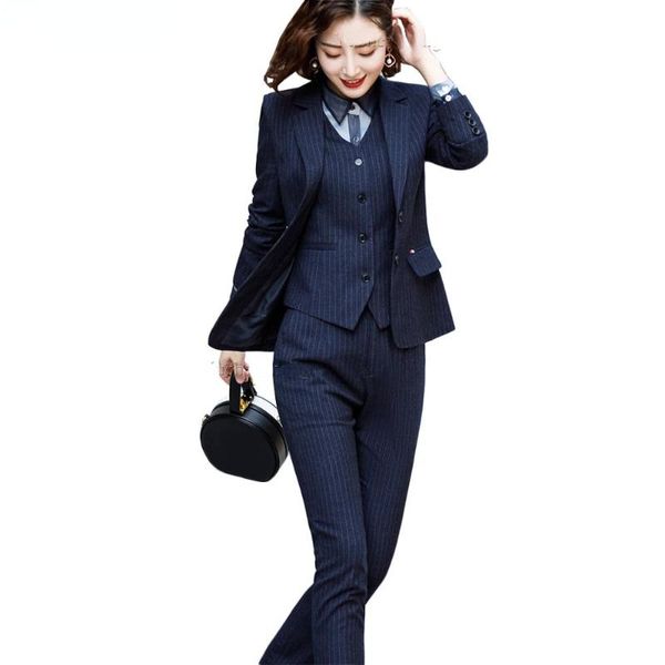

women's two piece pants women blue black stripe vest blazer jacket and pant suit 3 pieces set office lady formal business work career w, White