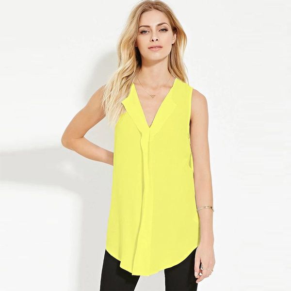 

women's blouses & shirts 2021 summer loose sleeveless deep v neck chiffon blouse of large size asymmetric woman plus clothing, White