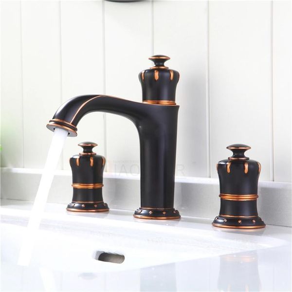 

bathroom sink faucets oil rubbed bronze black solid brass faucet three holes two handles cold mixer basin tap