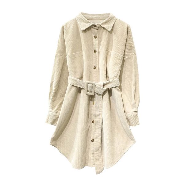 

perhaps u women velvet ivory pink solid turn down collar long sleeve full sleeve long shirt sash corduroy high street b0256 210225, White