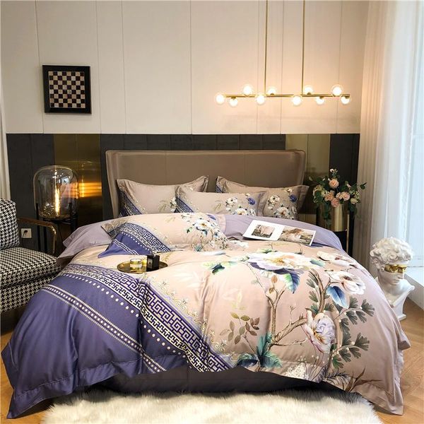 

luxury chinese style 1000tc satin egyptian cotton plant flowers printing bedding set duvet cover flat/fitted sheet pillowcases