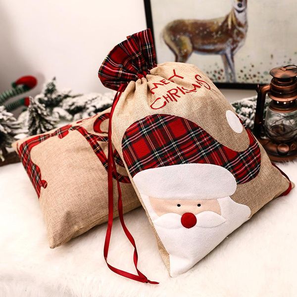 

christmas decorations 2021 xmas candy gift big bag cute linen tote lattice side drawstring pocket for children kid