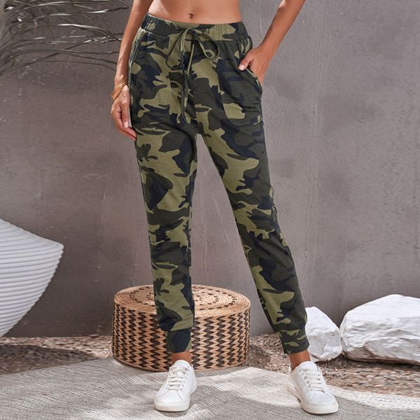 

shiying camouflage casual pants women 2021 summer elastic belt pocket women's capris, Blue