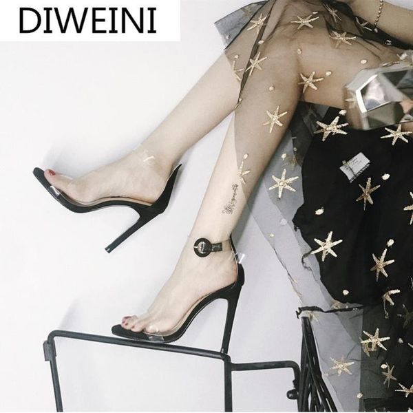 

europe the united states 2021 new transparent open toe buckle high heel sandals female stiletto sandals black princess
