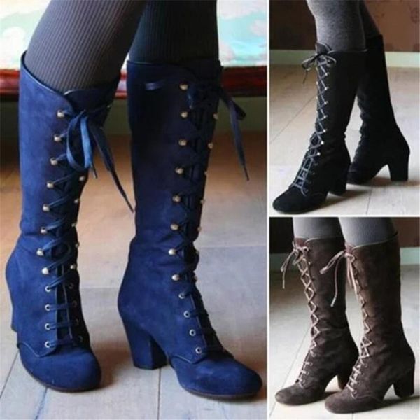 

boots square toe front lace-up thick heel side zipper women fashion casual riding thigh high flat, Black