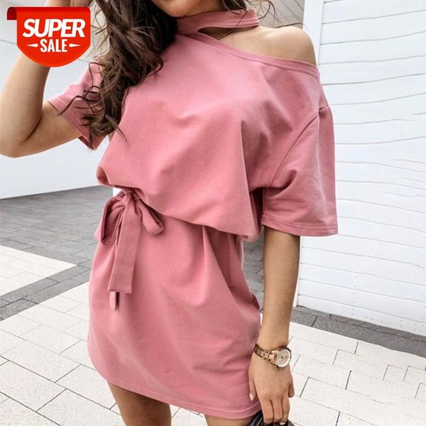 

white halter off shoulder women's mini dress lace up short sleeve female dresses 2021 summer new fashion casual ladies vestodis #685z, Black;gray