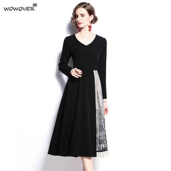 

casual dresses fashion designer long sleeve autumn for women 2021 vintage architecture print patchwork pleated midi vestidos black robe, Black;gray