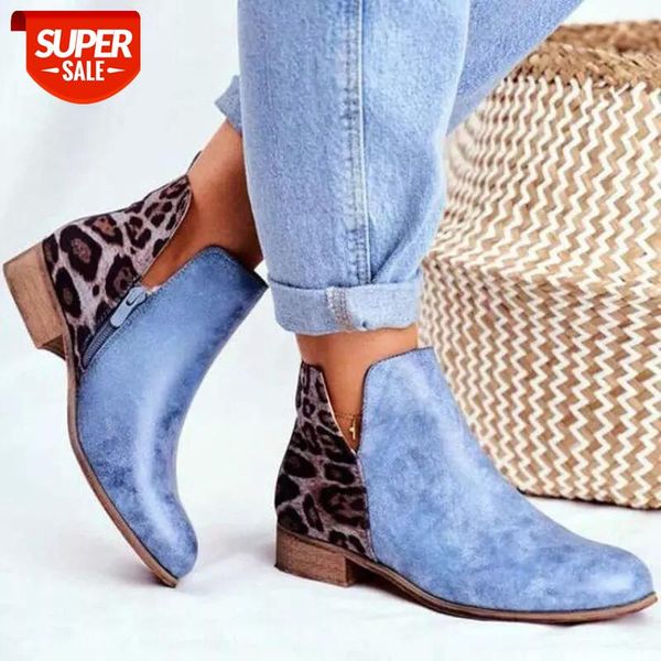 

woman vintage leopard low heels retro pu leather ankle boots 2020 women's zip ladies shoes female short plus size 43 #a21m, Black