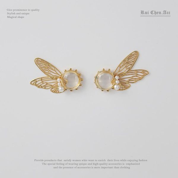 

stud pearl transparent cicada fairy wing earrings s925 silver needle, Golden;silver