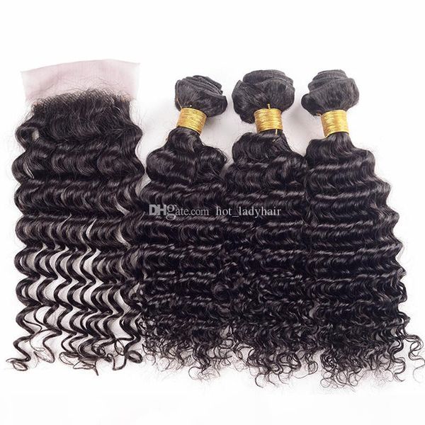 

brazilian deep wave with closure middle three part 4x4 lace closure with bundles natural color human hair with closure, Black