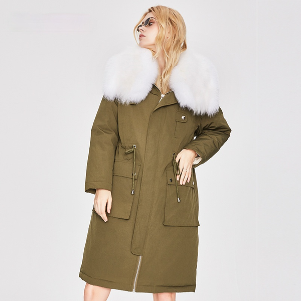 

oftbuy 2021 real natural fox fur collar coat 90% white duck down jacket long parka thick warm outerwear winter jacket women, Black