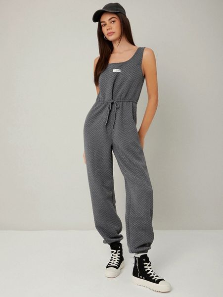 

letter patched drawstring waist tank jumpsuit l80r#, White
