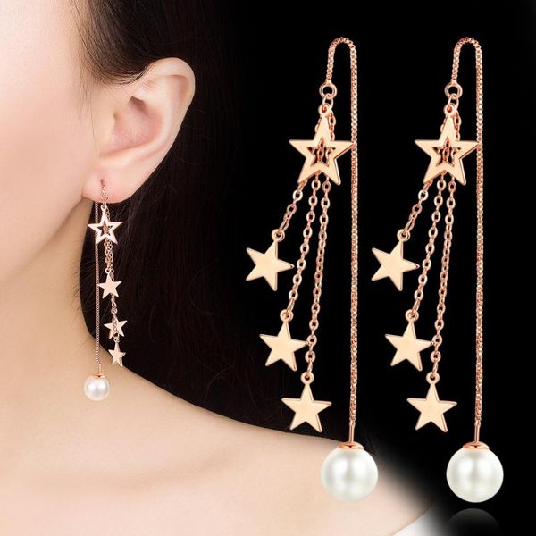 

stud arrival 100% 925 sterling silver elegant full star pearl ladies long tassel earrings wholesale jewelry for women gift, Golden;silver