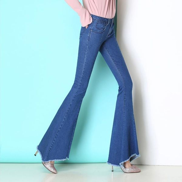 

women's jeans spring and autumn big high waist long speaker large size 26-31 32 tassel hairline slim loose wide leg pants, Blue