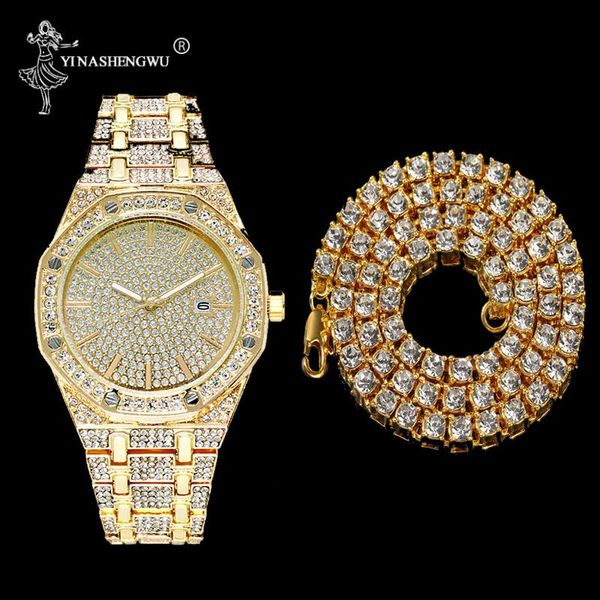 

wristwatches men watches hip hop punk bling 1 row rhinestone tennis chain & watch set silver gold rose color necklace for women gift, Slivery;brown