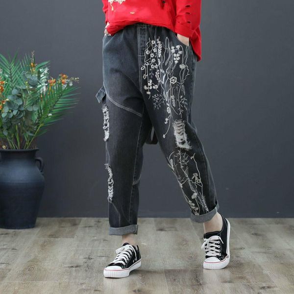 

women's jeans high waist woman vintage floral embroidery femme ladies casual loose ripped holes denim pants trousers for women, Blue