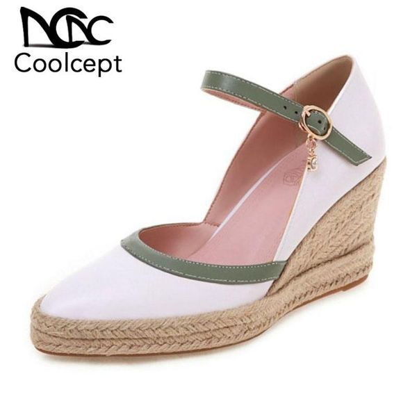 

dress shoes coolcept pointed toe wedges pumps women buckle mixed color crystal high heels summer daily footwear size 32-44, Black
