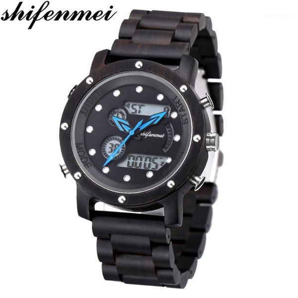 

wristwatches shifenmei men watches sports chronograph clock wooden male watch led dual dispaly digital zegarek meski, Slivery;brown