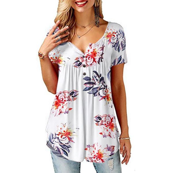 

new 2021 summer women oversized floral printed t shirt loose button streetwear casual large size clothes, White