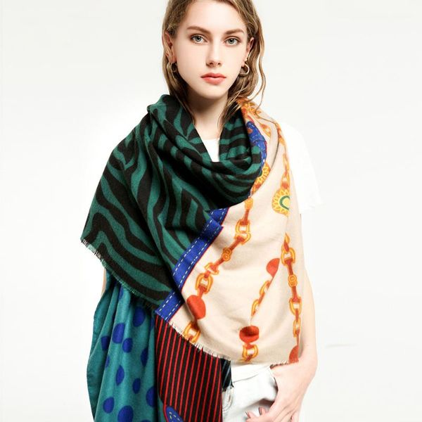 

scarves european and american style thickened double-sided satin four-piece belt printed scarf autumn winter all-match ladies, Blue;gray