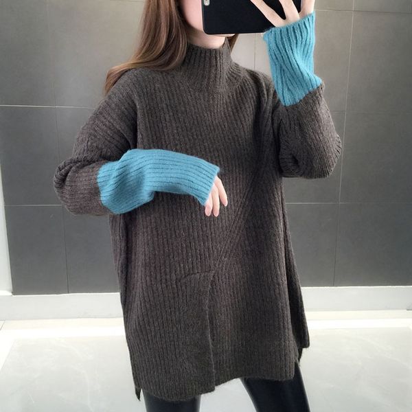 

2021 new mid length autumn and winter plain knit warm pull women's sweaters q6ba, White;black