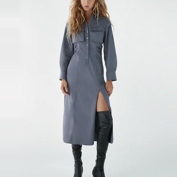 

pleated turn-down collar button blouse dress women long sleeve mini dresses solid streetwear female shirt vestidos, Black;gray