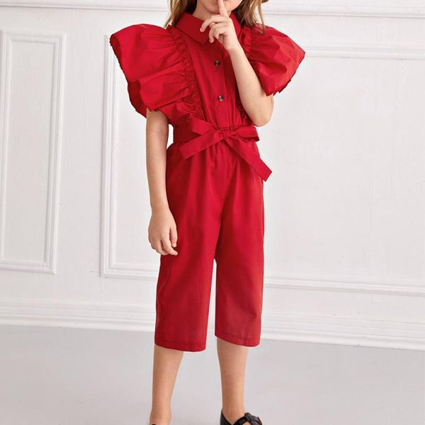 

jumpsuits 2021 summer red kids baby girls jumpsuit fashion sweet solid ruffle sleeve calf-length bodycon rompers children bodysuits, Blue