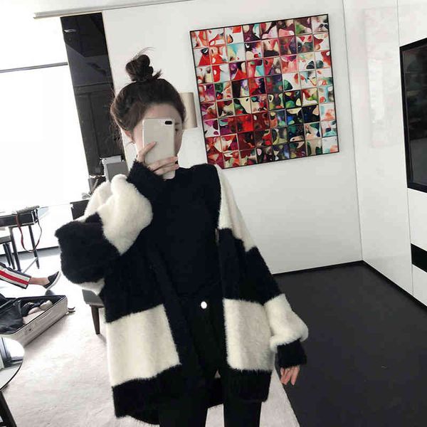 

women's sweaters striped wool coat xjiv, White;black