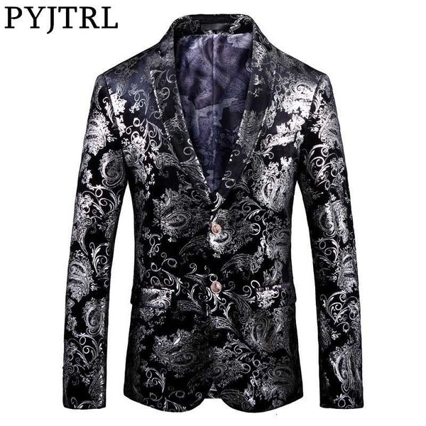 

pyjtrl brand autumn winter luxury gold red blue stylish floral pattern velvet blazer mens casual suit jacket dj signers outfit 201104, White;black