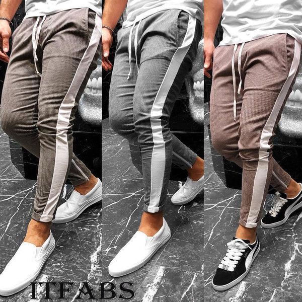 

men's pants autumn men's slim fit urban straight plaid pant leg trousers casual pencil jogger long streetwear1, Black