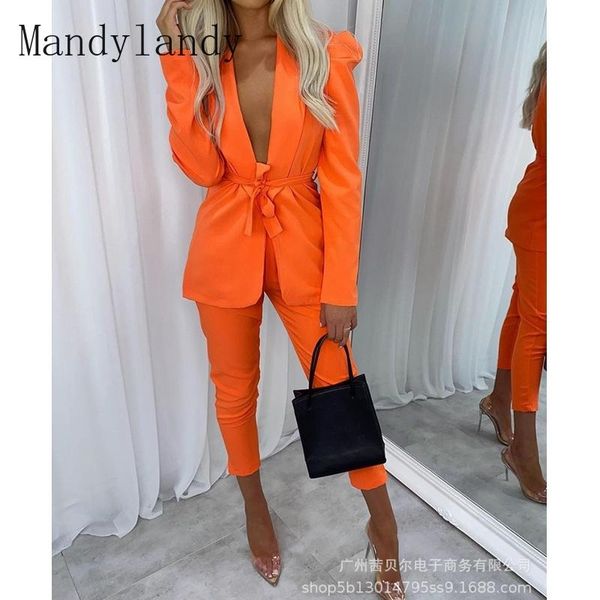 

women's two piece pants mandylandy autumn fashion long sleeve lace-up + high waist pencil suit casual solid color slim, White