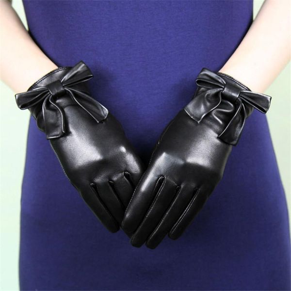 

five fingers gloves genuine leather female black butterfly knot winter warm plus velvet thicken imported lambskin woman dq210, Blue;gray