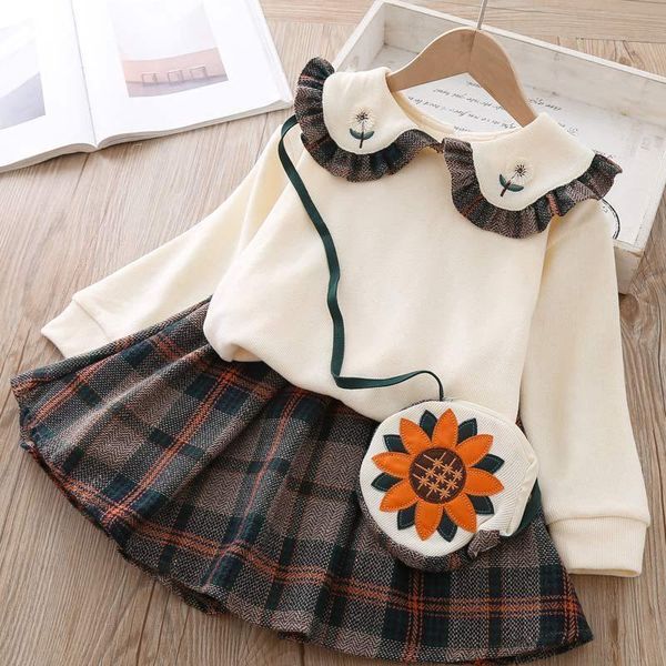 

girl's dresses autumn and winter flower for girls dress 2021 geometric pattern long sleeve clothes tutu sweater knitwear 2pcs suit, Red;yellow