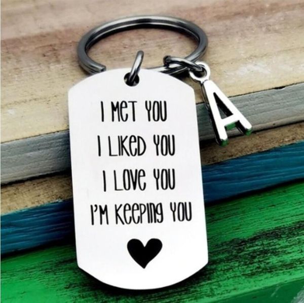 

keychains stainless steel letter keychain funny anniversary keychain, couple gift, i met you liked love i'm keeping keyrin, Silver