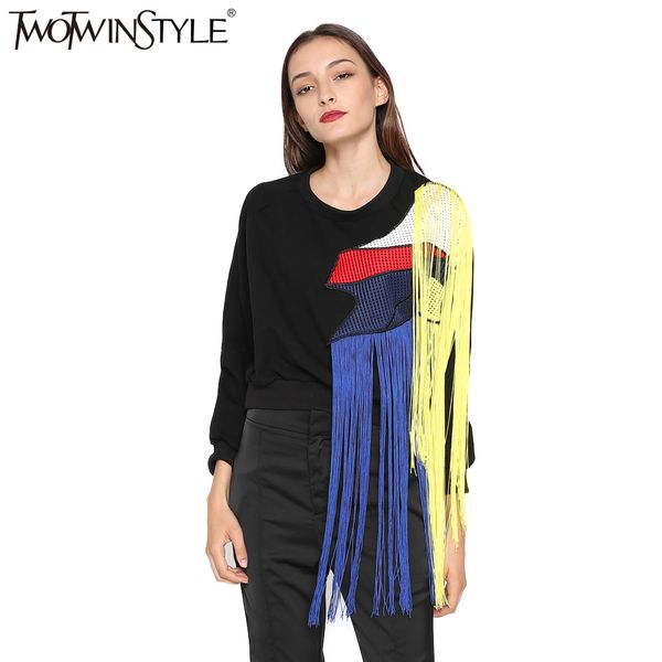 

2021 autumn women hoodies sweatshirt streetwear rainbow tassels stitching mesh thickened fleece long sleeves new, Black