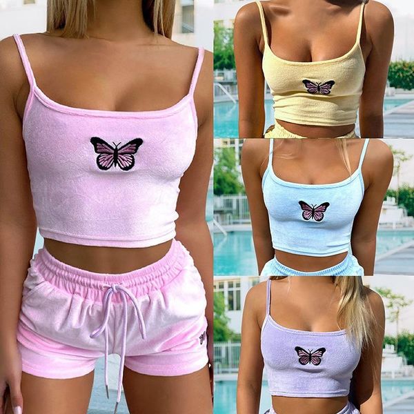 

yoga outfit 2pcs women set velvet crop shorts suit casual summer homewear embroidery cami drawstring sleepwear 2021