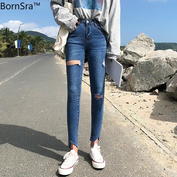 

women's jeans bornsra high waist tassel ripped holes denim pants female trousers pencil women skinny black 2021 spring, Blue