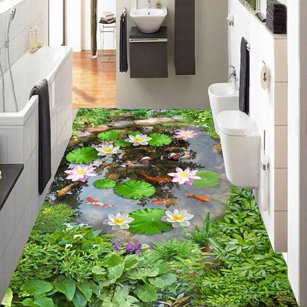 

wallpapers po wallpaper 3d lotus pond floor tiles murals living room bathroom pvc self adhesive waterproof wall paper sticker home decor