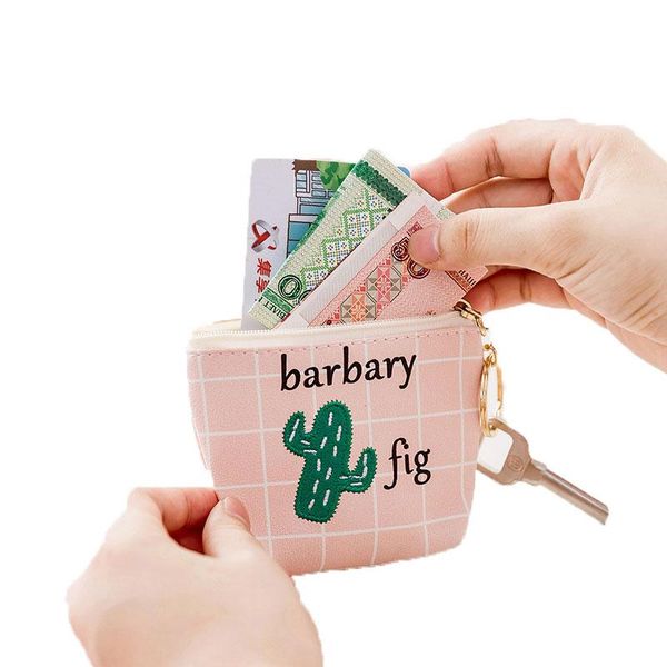 

coin purses 10pcs woman girls cactus embroidered check print pu mini keychain purse, Red;black