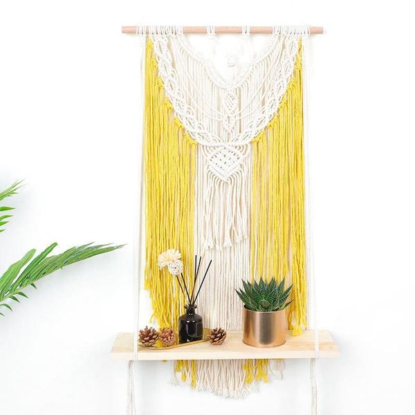 

boho macrame wall hanging shelf handmade cotton rope woven wood floating storage hanger for home wall decor in yellow