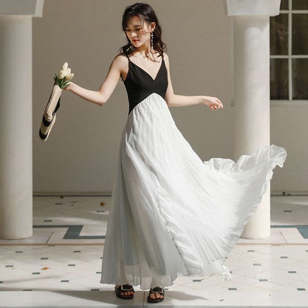 

2021sanya travel p women's summer pleated chiffon v-neck open back dress seaside holiday beach skirt, Black;gray