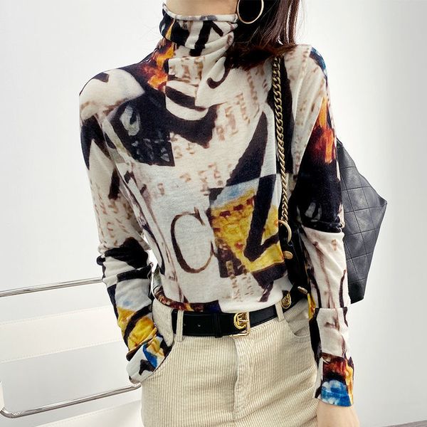 

2021 autumn/winter new superfine stretch fashion knitted coat print shirt korean style female backendtc31, White;black