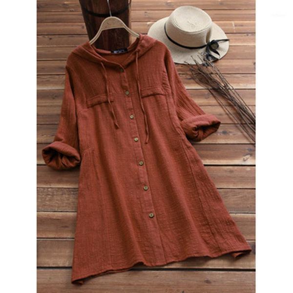 

arrival autumn women loose casual long sleeve single-breasted hooded shirt all-matched vintga cotton linen blouse a333 women's blouses, White