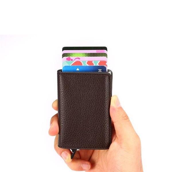 

card holders yambuto litchi soft leather rfid holder information protector safety fashion aluminum box -up thin id case wallet, Brown;gray