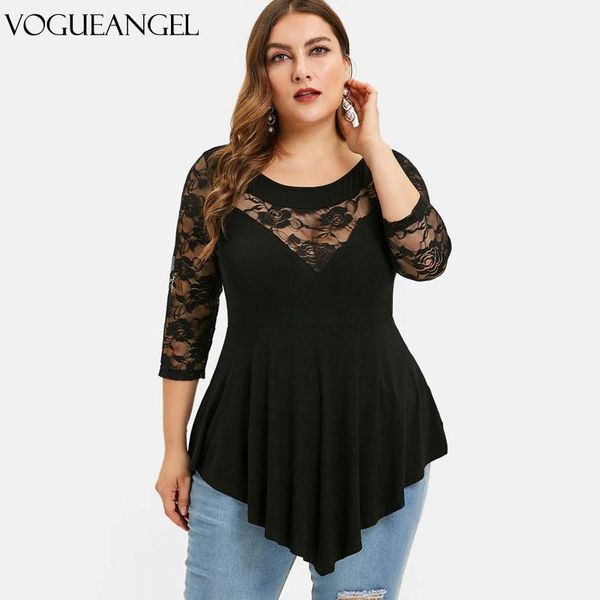 

women's t-shirt summer large size l-5xl fashion flower lace solid color irregular hem perspective round neck women bust 134cm, White