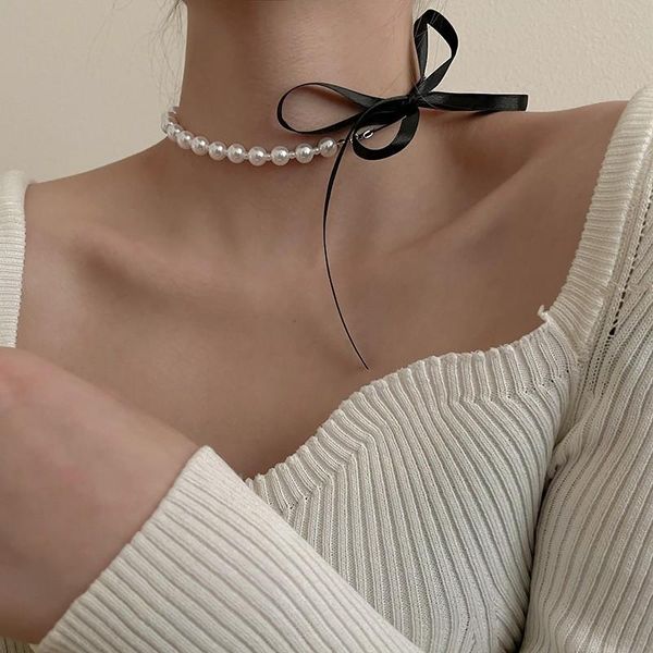 

chokers lace bowknot pearl choker necklaces for women girls trendy elegant temperament pearls strand necklace fashion jewelry, Golden;silver