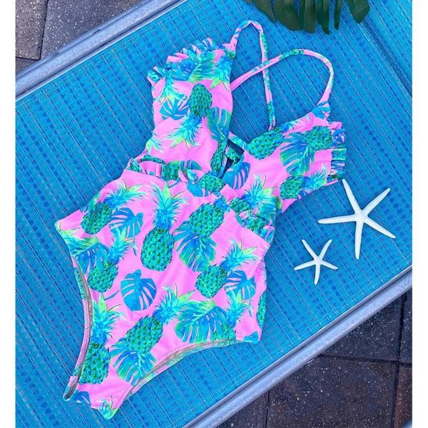 

2021 new pineapple printed women one piece swimsuit summer beachwear padded push up swimwear cut out bathing suit monokini